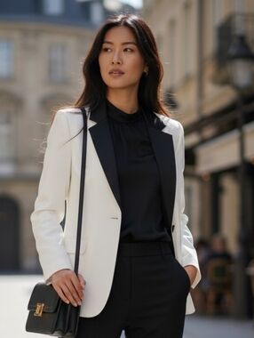 Le Suit White Blazer with Black Lapel and Black Accents